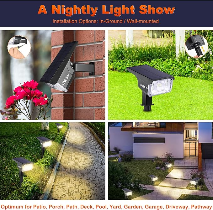 40 LEDs Spotlights,IP65 Waterproof Solar Powered Landscape Spotlights 2-in-1 Wall Light, Outdoor Landscaping Lights Auto On/Off for Yard Garden 2Pack Warm-White LEREKAM