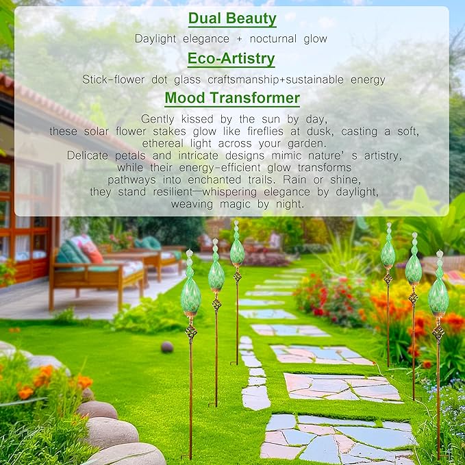 Solar Garden Lights Outdoor, Decorative LED Flame Garden Stakes, Hand Blown Glass and Outdoor Waterproof Glass Stakes (Green) Rootora