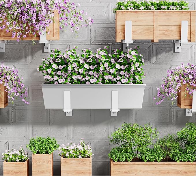 Y&M 2 Pack Adjustable Planter Brackets (6 to 12.5 in), Universal Window Box Mounting Hooks, Heavy Duty Iron Flower Box Wall Mounts for Balcony, Fences, Patio, and Garden - White YM