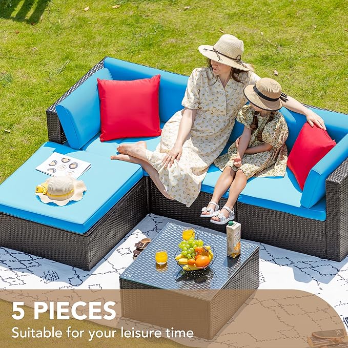 Devoko 5 Pieces Patio Furniture Sets All Weather Outdoor Sectional Patio Sofa Manual Weaving Wicker Rattan Patio Seating Sofas with Cushion and Glass Table (Blue) DEVOKO