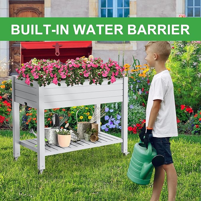 Raised Garden Bed with Legs, 33.66" Tall Self-Watering Resin Planter Box with Lockable Wheels Drainage Plug and Gauge for Vegetables, Flowers, Storage Shelf for Tools and Accessories (Ashen) OutdoorLivingPerfected