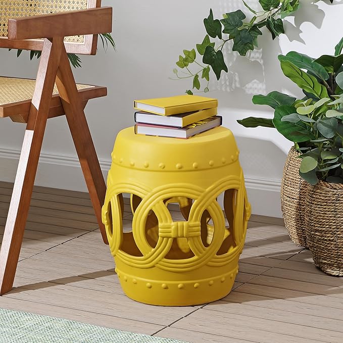 JONATHAN Y TBL1022E Lucky Coins 16" Chinese Ceramic Drum Indoor/Outdoor Garden Stool Bohemian, Coastal, Cottage, French Country, Traditional, for Living Room, Garden Room, Patio, Matte Yellow JONATHANY