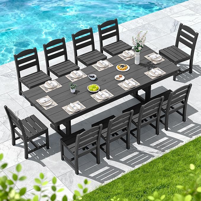 SERWALL 11 Piece Outdoor Dining Set, 84" HDPE Outdoor Table and Chairs for 10，All Weather Patio Furniture Set with Umbrella Hole for Backyard, Garden, Black SERWALL