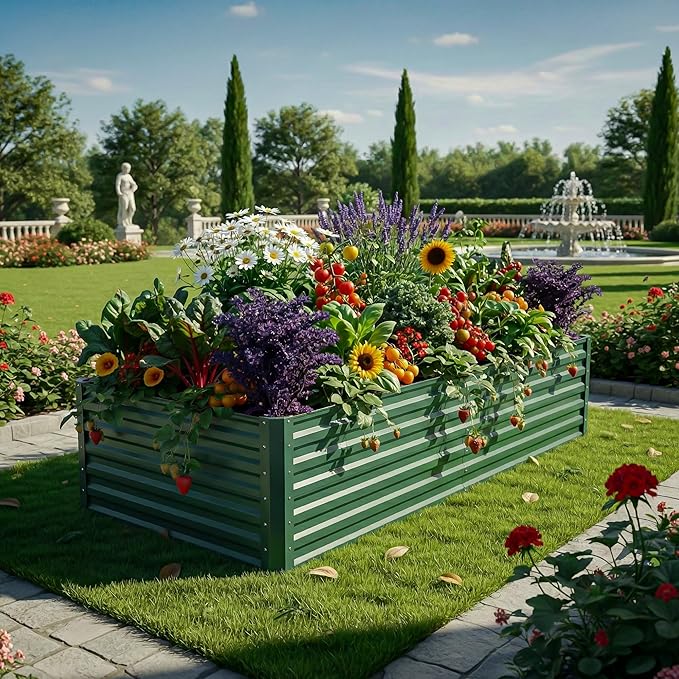YITAHOME 6x3x2ft Large Raised Garden Bed Kit, Galvanized Metal Planter Box with Gloves, Ground Nails, Support Rod, Outdoor Above Ground Planters for Plants Vegetables Flowers, Green YITAHOME