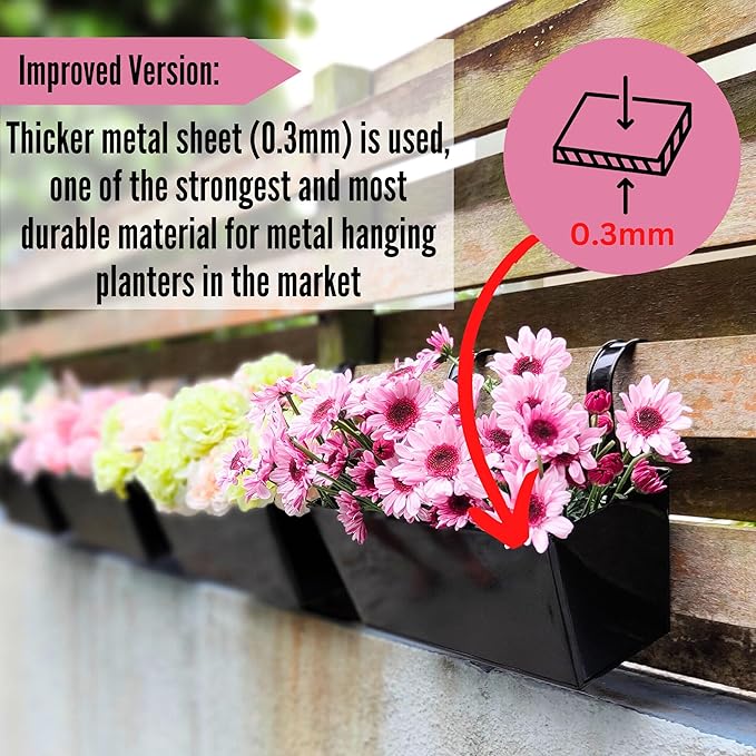 LaLaGreen Outdoor Rail Planter (6 Pack, 16 Inch) Large Black Metal Wall Hanging Strawberry Flower Pots, Rectangle Balcony Deck Railing Fence Rectangular Plant Holder Outside Patio Porch Decoration L%C3%A1L%C3%A1Green