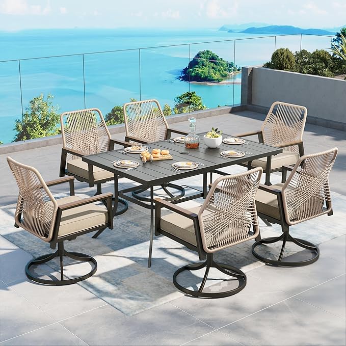 Patio Dining Set 7 Piece, 6 x Woven Rattan Swivel Chairs with Waterproof Cushion, 59" Rectangular Metal Dining Table with Umbrella Hole, Outdoor Table and Chairs Set for Backyard Lawn and Deck, Beige SUNSHINEVALLEY