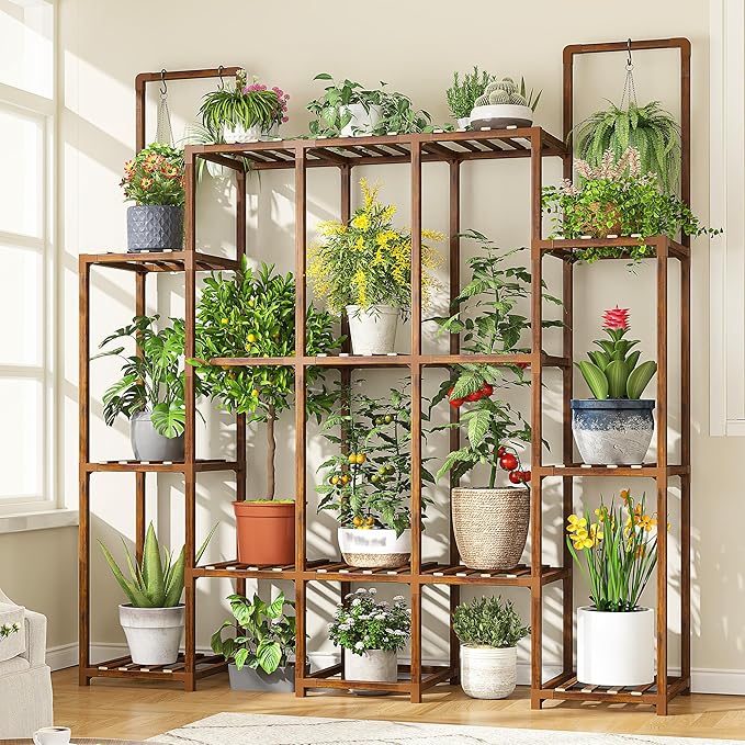 EnHomee Plant Stand Indoor for Multiple Plants Stand Outdoor with 18-22 Potted Double Rod for Hanging Plant Shelf 570 LBS Wood Plants Shelves for Living Room Patio Balcony Yard Garden 56''W×11.6''D×47''H EnHomee