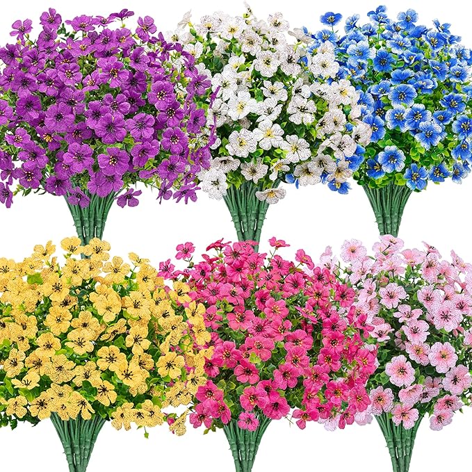 Bassion Artificial Flowers for Outdoors, 24 Bundles UV Resistant Fake Flowers Realistic Silk Faux Plants for Outdoor Planter Window Box Porch Patio Garden Home Outside Decorations Bassion