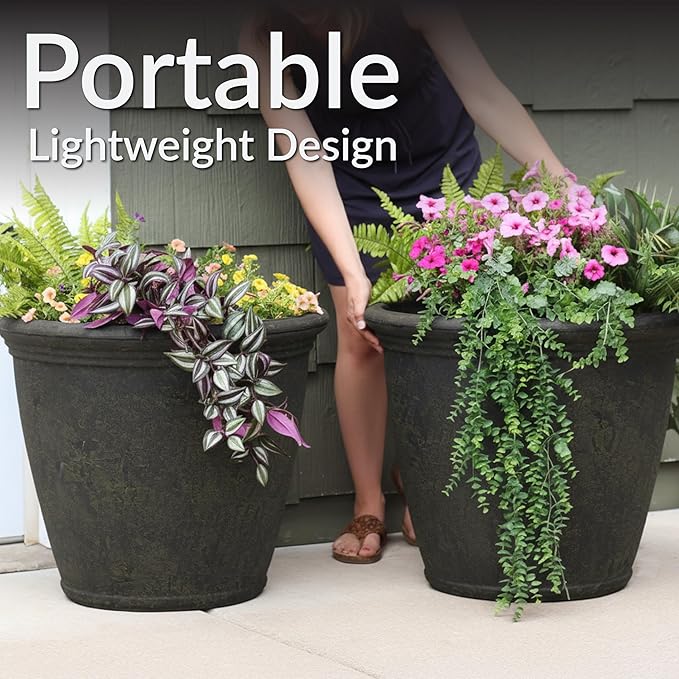 Sunnydaze 24-Inch Anjelica Large Plastic Pot for Plants - Outdoor Double-Walled Large Plastic Planter with Drillable Drainage Holes - Sable - 2pk SunnydazeDecor