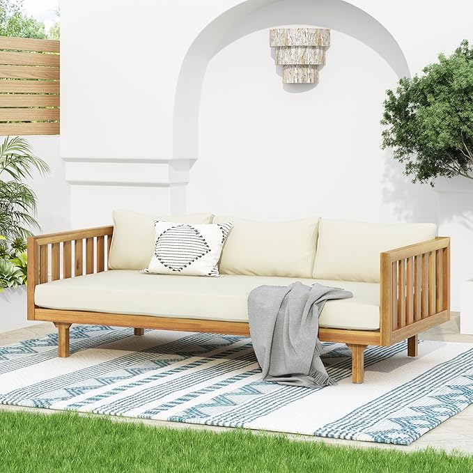 Christopher Knight Home Claremont Outdoor 3 Seater Acacia Wood Daybed with Fabric Water Resistant and Removable Cushions, Patio Garden Poolside Sofa with Slat Paneling Armrest and Back, Teak and Beige ChristopherKnightHome
