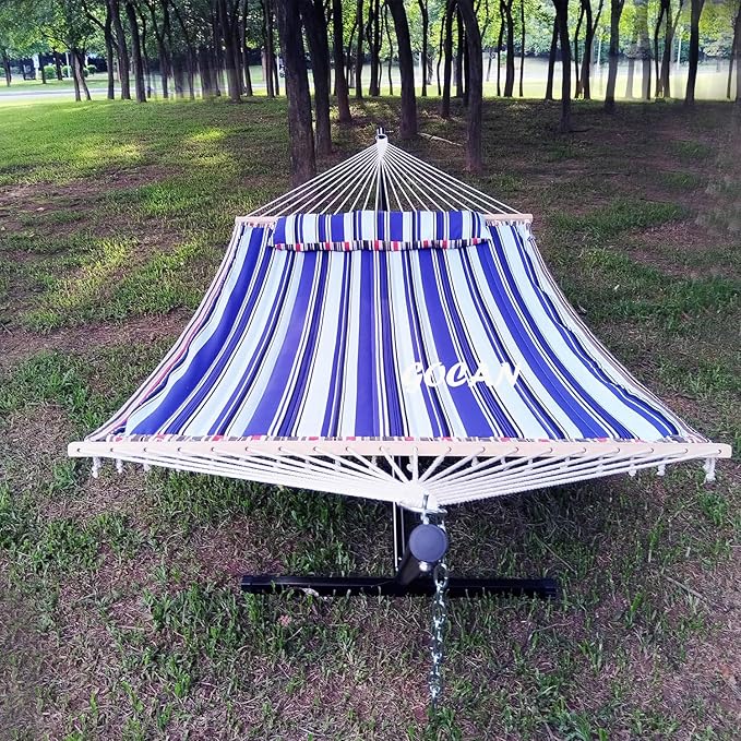 Quilted Fabric Double Hammock Won't flip with Stand and Spreader Bars,Safer and Sturdier,Quality Hammocks for Outdoor Indoor Patio Yard Two Sided Dual use red/Blue GOCAN