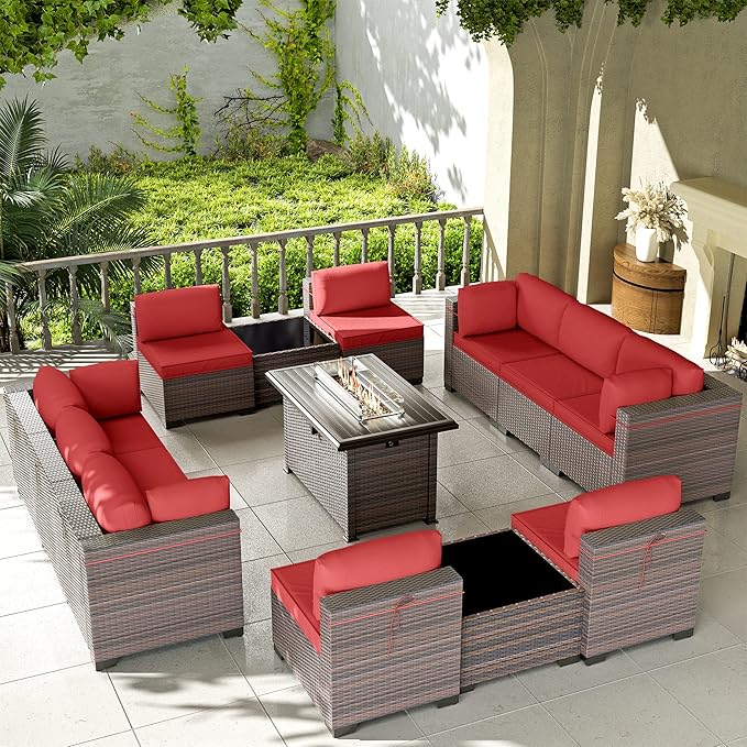 Kullavik 13 Pieces Outdoor Patio Furniture Set with 43" 55000BTU Gas Propane Fire Pit Table PE Wicker Rattan Sectional Sofa Patio Conversation Sets,Red KULLAVIK