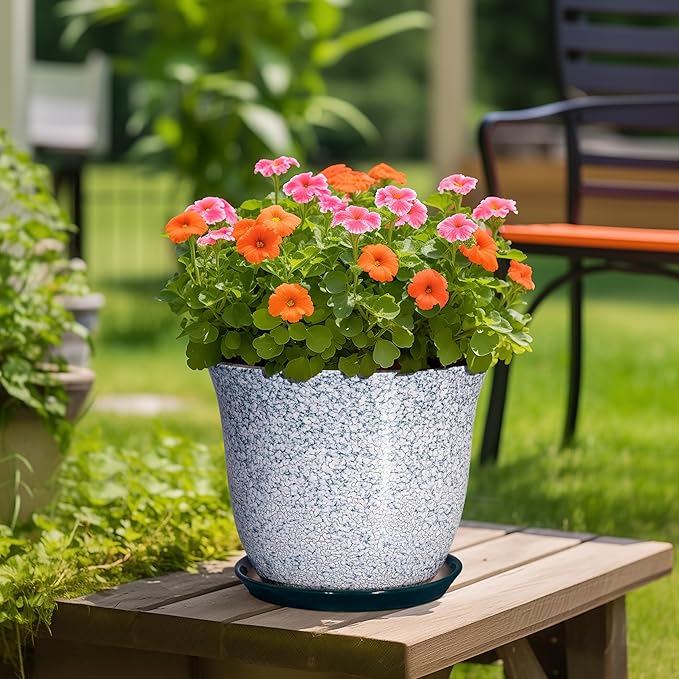 12 Inch Pot for Plants- Ceramic Planter Indoor Outdoor, Round Large Plant Pots with Drainage Hole and Saucer, Decorative Flower Pots, Modern Planter, Garden Decor, Plant Lovers Gifts, Green SUNPOTFOR
