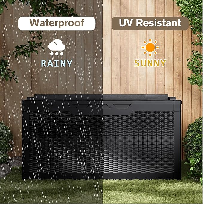 JUMMICO 100 Gallon Resin Deck Box with Cushion, Waterproof Outdoor Storage Box with Lockable Lid for Garden Tools, Patio Cushions (Black) JUMMICO