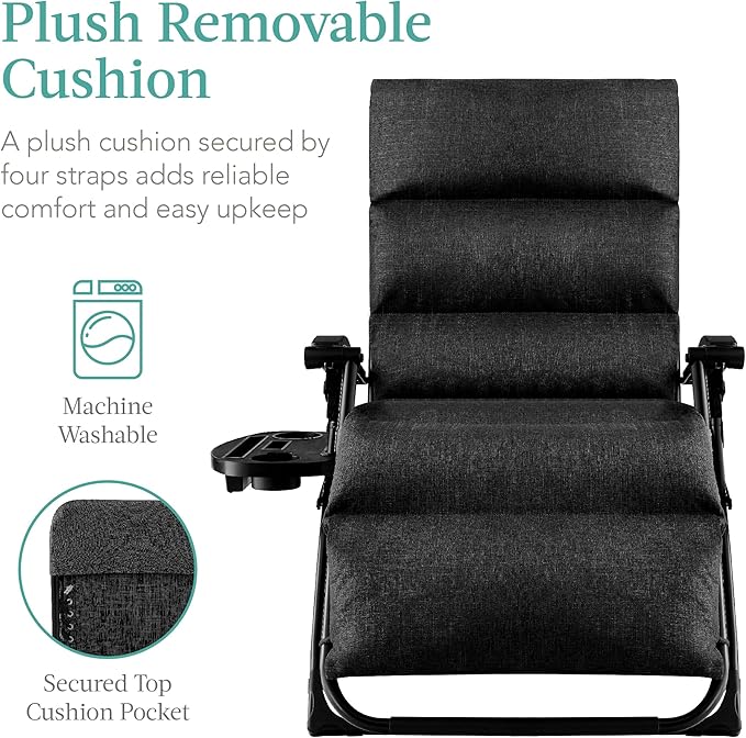 Best Choice Products Oversized Zero Gravity Chair, Folding Outdoor Patio Recliner, XL Anti Gravity Lounger w/Removable Cushion, Cup Holder, Side Tray, 350lb Capacity - Onyx Black BestChoiceProducts