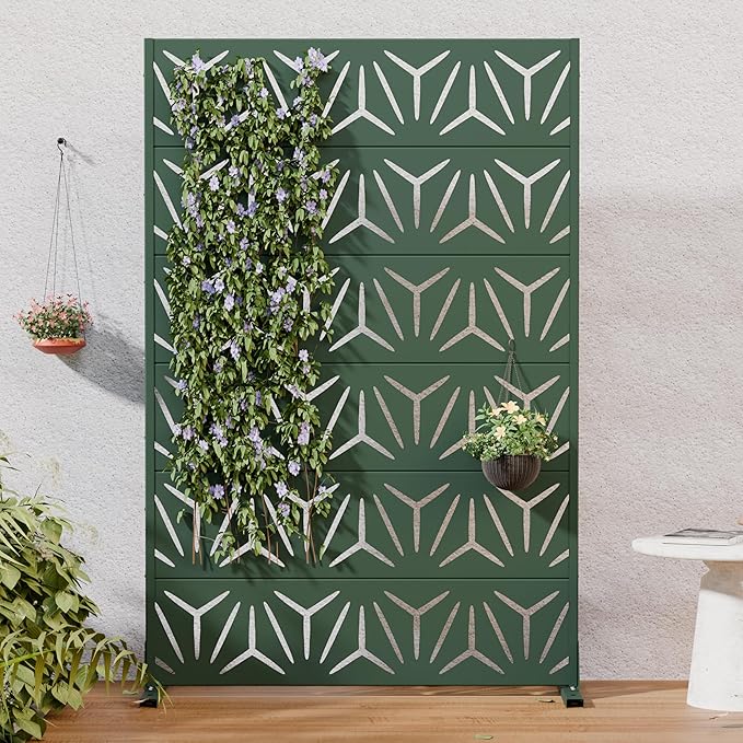 Casaphoria Metal Privacy Screen Outdoor, 72" H x 47" W Freestanding Decorative Privacy Screen for Patio Deck Balcony Garden with Stable Base, Drakgreen-Star Casaphoria