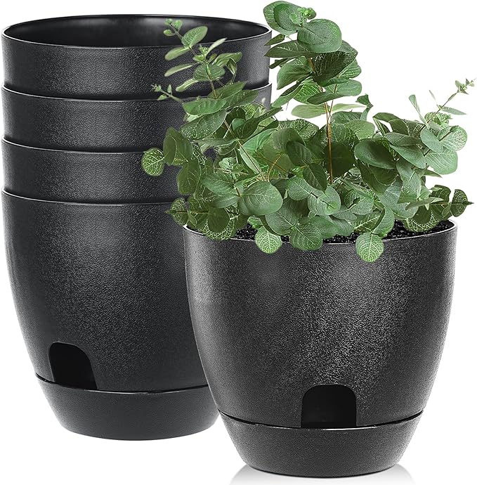 Self Watering Pots Set, 5 Pack 6 Inch Self Watering Pots for Indoor Outdoor Plants, Plastic Planter with Drainage Holes and Deep Reservoir for African Violet, Spider, Orchid IWNTWY
