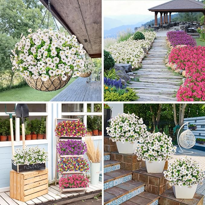 Bassion Artificial Flowers for Outdoors, 24 Bundles UV Resistant Fake Flowers Realistic Silk Faux Plants for Outdoor Planter Window Box Porch Patio Garden Home Outside Decorations Bassion