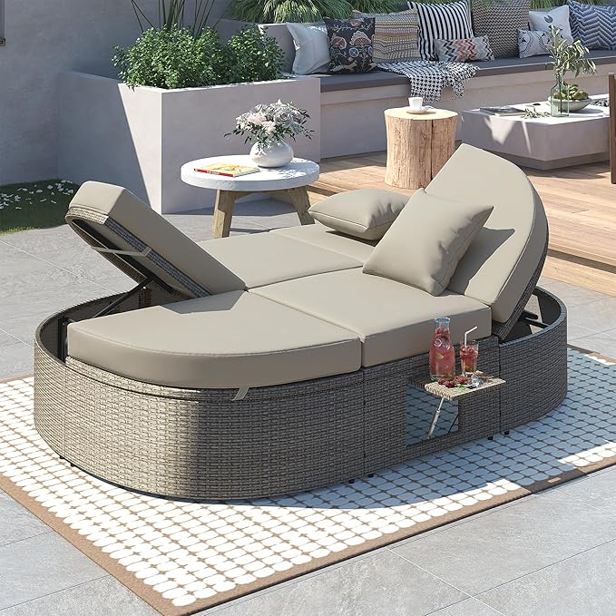 Merax Outdoor Sun Bed Patio 2-Person Daybed with Cushions and Pillows, Rattan Garden Reclining Chaise Lounge with Adjustable Backrests and Foldable Cup Trays for Lawn, Poolside, Grey Merax