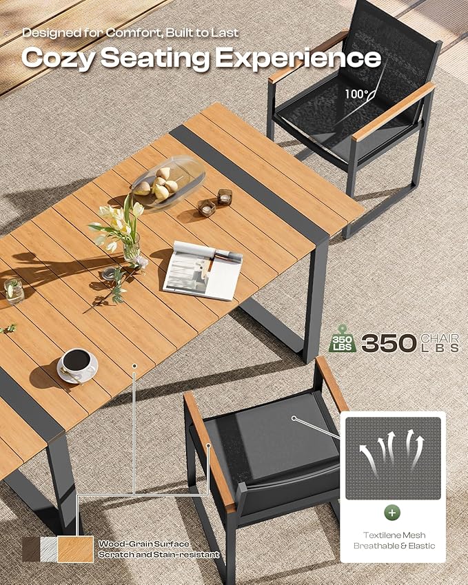 Outdoor Dining Set, HDPS + Aluminum Patio Table and Chairs Set with U-Shaped Base, 7 Piece Outdoor Furniture Set with Umbrella Hole, Patio Dining Table Set for Garden, Backyard (Gray-Teak) Oasbira