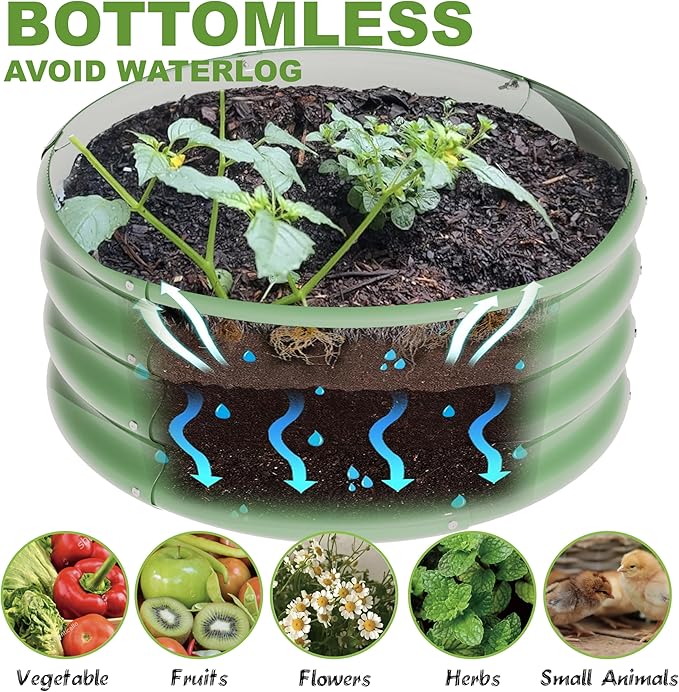2Pcs 2X2X1ft Round Raised Garden Bed Kit,Galvanized Raised Garden Beds Outdoor, Metal Planter Box Steel Kit Flower Herb,Vegetables..Grass Green Rootora