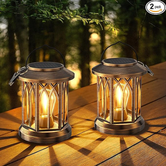 WdtPro Solar Lanterns Outdoor Lights, 2 Pack Bright Lanterns Outdoor Waterproof with Clip Patio Decor, Hanging Solar Lights for Outside Garden Yard Front Porch Table Decoration (Antique Copper) WdtPro