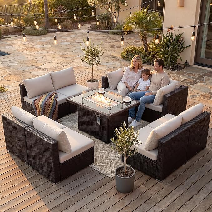 NICESOUL 29.3'' High Back Outdoor Patio Sectional Furniture with Firepit Table Natural Gas & Propane Convertible, 8 Seater Deep Wide Modern Couch, Extra Large Wicker Conversations for Backyard, Brown NICESOUL