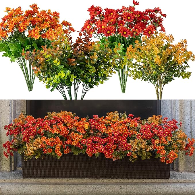 15 pcs Fall Artificial Outdoor Branch with Eucalyptus Leaves, Fake Silk Daisy, Faux Flower for Indoor Outside Hanging Plants Garden Porch Window Box Home Wedding Farmhouse Décor Clycaloor