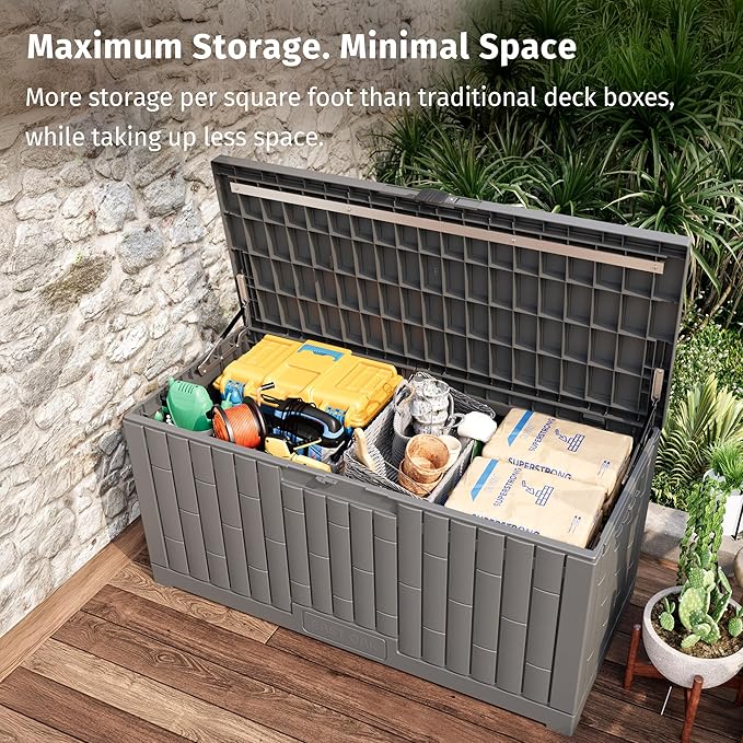 EAST OAK 120 Gallon Outdoor Storage Box | Large Resin Deck Box with Reinforced Stainless Steel Support | Waterproof & UV-Resistant Patio Storage Box for Cushions, Garden Tools & Pool Accessories, Grey EASTOAK