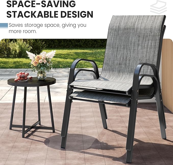 Patio Dining Chairs Set of 8, Outdoor High Stacking Chairs，Breathable Seat Fabric and Alloy Steel Frame for Backyard, Porch, Garden, Sunroom (Light Grey) VonzoyHome
