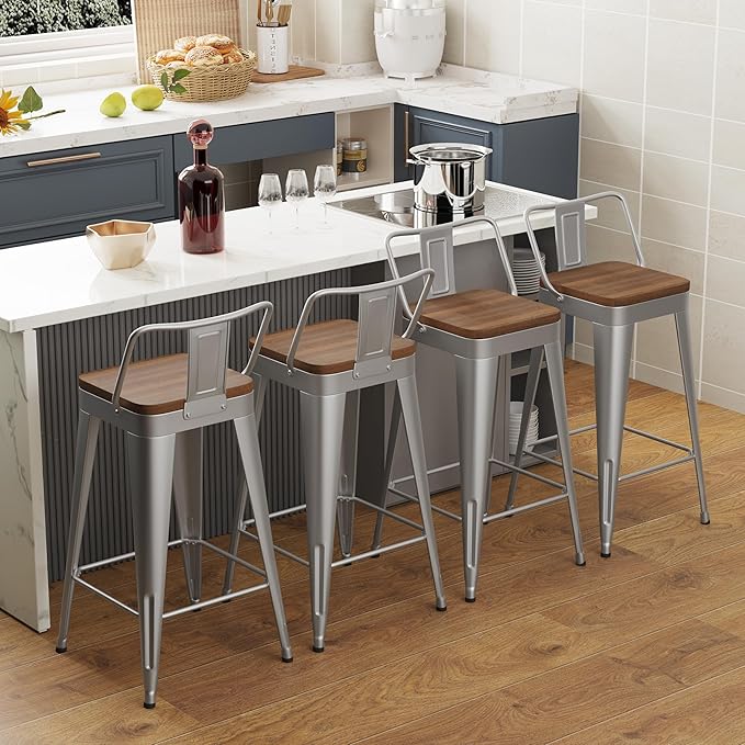 WENTMENT Bar Stools Set of 4 Counter Height Stools with Removable Back 26" Kitchen Bar Stools with Wooden Seat, Silver WENTMENT