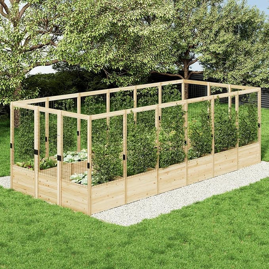 AMERLIFE Raised Garden Bed with Deer Proof Fence, 7.5Wx17Dx6H Outdoor Wooden Raised Garden Bed Planter with 19" Depth Planter Box AMERLIFE