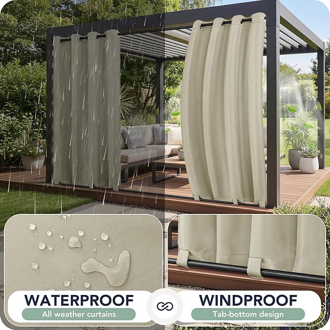 Outdoor Curtains for Patio Waterproof 6 Panels - Windproof, Privacy, Weatherproof Outside Drapes for Gazebo Pergola Porch, Grommet Top and Tab Bottom, 54x108 Inch, Taupe RichSets