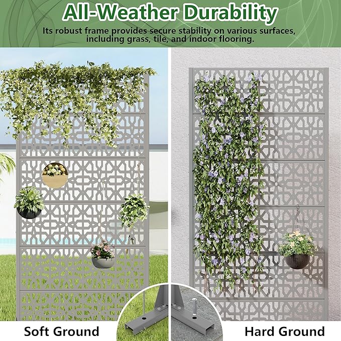 Casaphoria Metal Privacy Screen Outdoor, 72" H x 35" W Freestanding Decorative Privacy Screen for Patio Deck Balcony Garden with Stable Base, Grey-Perilla Casaphoria
