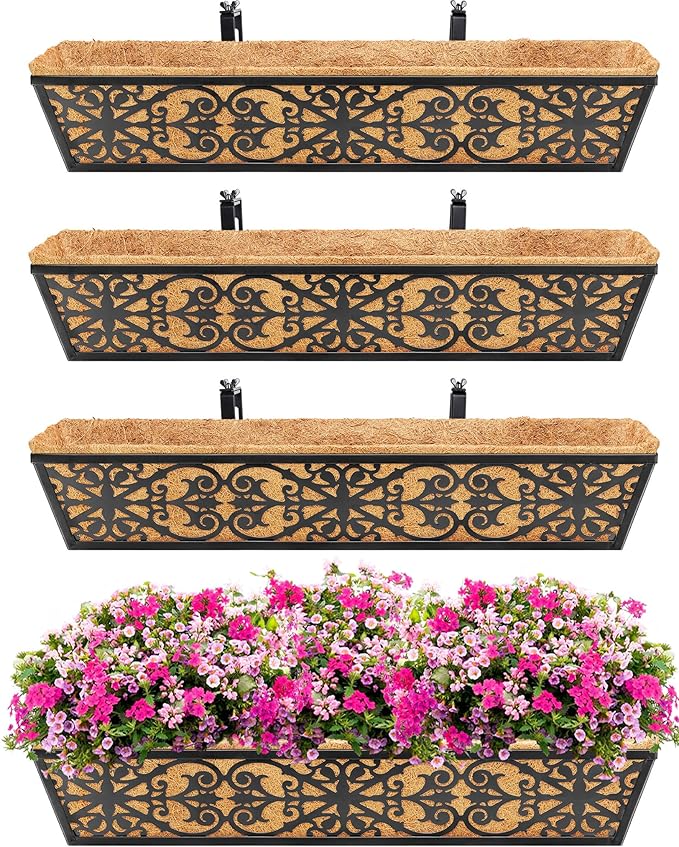 4 Pack 30 Inch Window Boxes Planters Railing Planter Box with Adjustable Brackets & Coco Liners Fabric Plant Grow Bags Deck Railing Planter Boxes Balcony Hanging Flower Box for Outdoor Plants KarlliuHOMEGARDEN