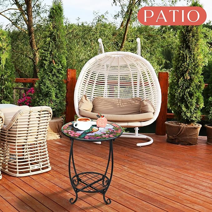 Outdoor Side Table Round Small Mosaic Patio Accent Indoor End Plant Metal Coffee Tea Table for Yard Porch Garden Patio Living Room, Bedroom(Hummingbird Style,14 Inch) Cinnvoice