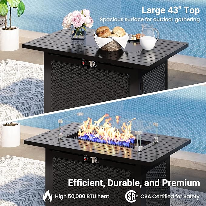 Wisteria Lane 8 Pieces Outdoor Patio Furniture Set with 43" Fire Pit Table, Wicker Outdoor Patio Sectional Sofas with Coffee Table, All-Weather Patio Conversation Set for Backyard Garden, Light Blue WisteriaLane