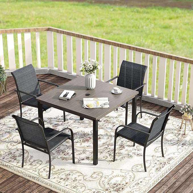 VICLLAX Outdoor Dining Set for 4, 5 Pieces Patio Dining Furniture Set with Umbrella Hole- 40.2" Patio Table and Chairs for Balcony, Garden and Deck, Grey Wood Grain Tabletop HOME