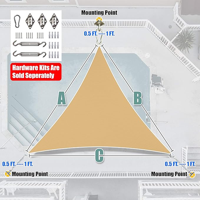 Amgo 10' x 10' x10' Sand Beige Triangle Sun Shade Sail Outdoor Canopy Awning UPF50+ AGTAPRT12, 95% UV Blockage, Water & Air Permeable, Commercial Standard Heavy Duty (We Make Custom Size) Amgo