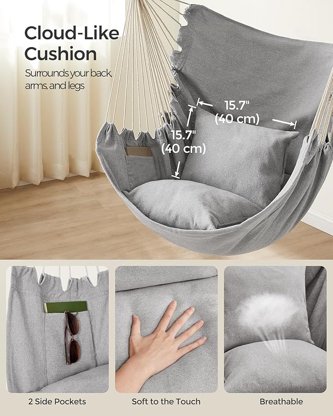 SONGMICS Hammock Chair, Load Capacity 500 lb, Hanging Chair with 2 Cushions, Large Hammock Swing with Chain and Pocket, for Indoor, Outdoor, Living Room, Bedroom, Dove Gray UGDC197G01 SONGMICSbySONGMICSHOME