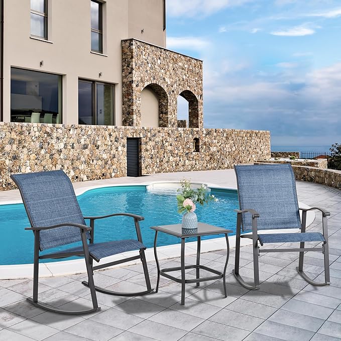 Vongrasig 3 Piece Outdoor Rocking Bistro Set, Textilene Fabric Small Patio Furniture Set, Front Porch Rocker Chairs Conversation Set with Glass Table for Lawn, Garden, Balcony, Poolside (Denim Blue) Vongrasig