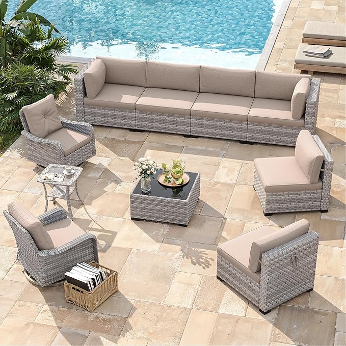 8-Seat Modern Patio Furniture Set with Swivel Rocking Chairs, Thick 4″ Cushions, Dual-Strand Wicker Rattan, Rust-Resistant Steel Frame – Outdoor Conversation & Modular Sectional,Beige MASIONBACKYARDS