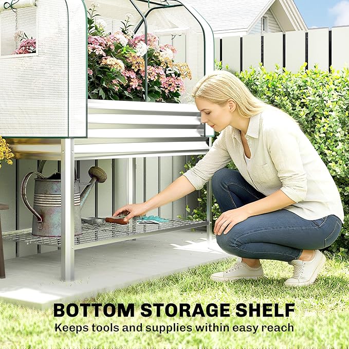 Outsunny Galvanised Raised Garden Bed with Greenhouse Cover, Metal Elevated Garden Bed with Legs, Bed Liner and Bottom Shelf, Outdoor Raised Planter Box for Vegetables, Herbs, Flowers, Silver Outsunny