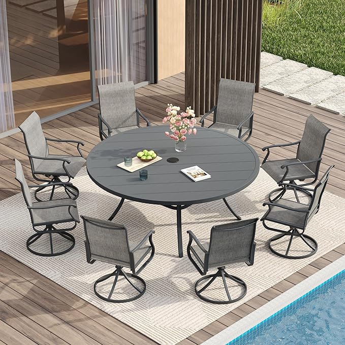 VICLLAX 60" Outdoor Round Patio Table for Lawn Garden, All Weather Metal Patio Dining Table with Adjustable Umbrella Hole, 8-10 Person, Grey HOME