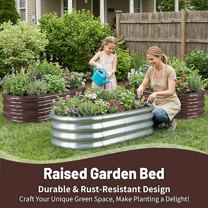 GOOZOO Galvanized Planter Raised Garden Bed, 4x2x1ft Raised Garden Bed Kit for Gardening Outdoor, Oval Metal Land Planter Box for Vegetables, Fruits, Flowers（Brown） GOOZOO