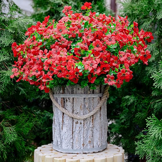 Artificial Flowers for Outdoors Fake Plants - 16 Bundles Faux Outside Greenery Boxwood No Fade Plastic Shrubs Fall Decor Farmhouse Home Garden Thanksgiving Mums (PureRed) AXYLEX
