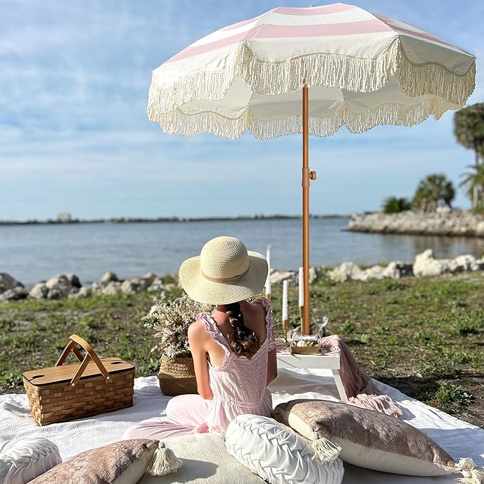 AMMSUN Boho Fringe Umbrella Outdoor Patio, 6.5ft UPF50+ Picnic Umbrella with Tassels with Steel Pole and Push Button Tilt, Pink Stripes AMMSUN