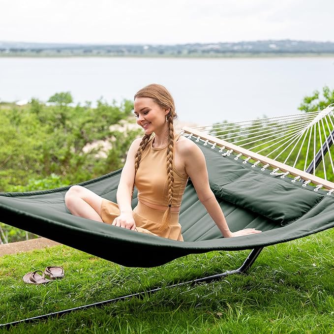 SUNCREAT Standing Hammock with 15 ft Stand, Hammocks for Outside, Gray Green SUNCREAT
