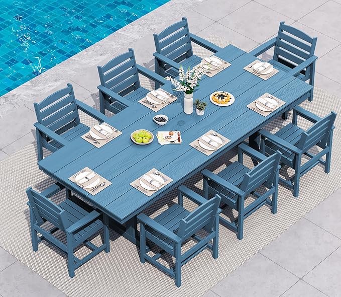 SERWALL 9 Piece Outdoor Dining Set, 84" HDPE Outdoor Table and Chairs for 8，All Weather Patio Furniture Set with Umbrella Hole for Backyard, Garden, Blue SERWALL