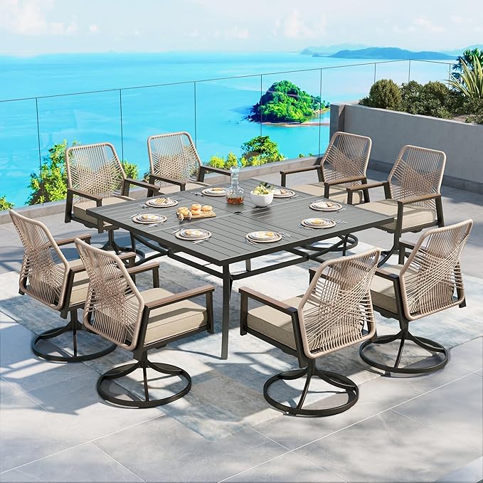 Patio Dining Set 9 Piece, 8 x Woven Rattan Swivel Chairs with Waterproof Cushion, 60" Square Metal Dining Table with Umbrella Hole, Outdoor Table and Chairs Set for Backyard Lawn and Deck, Beige SUNSHINEVALLEY